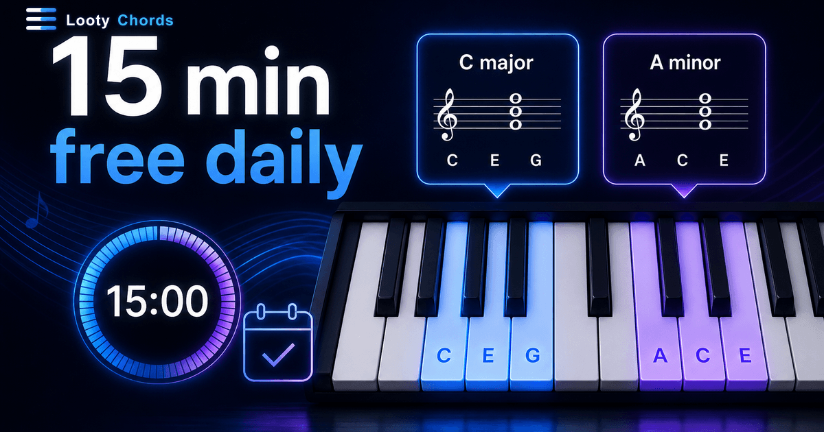 15 minutes of free daily piano chord practice with timer and keyboard