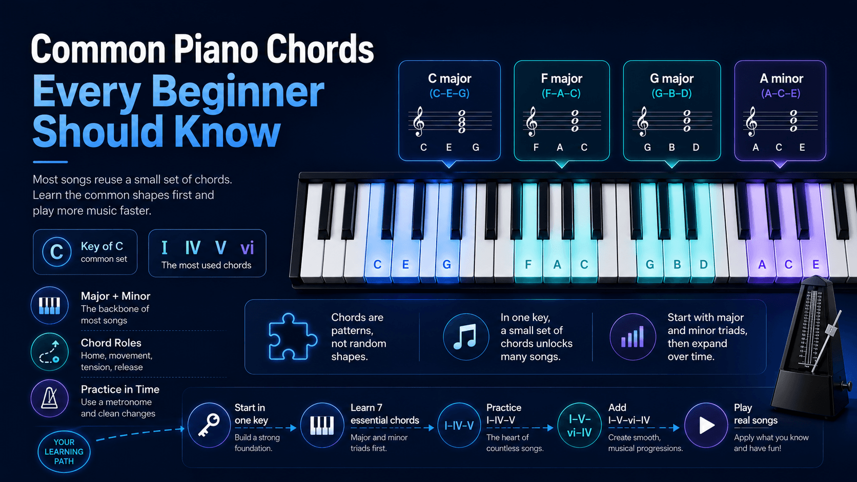 Piano keyboard showing common beginner chords in C major, F major, G major, and A minor
