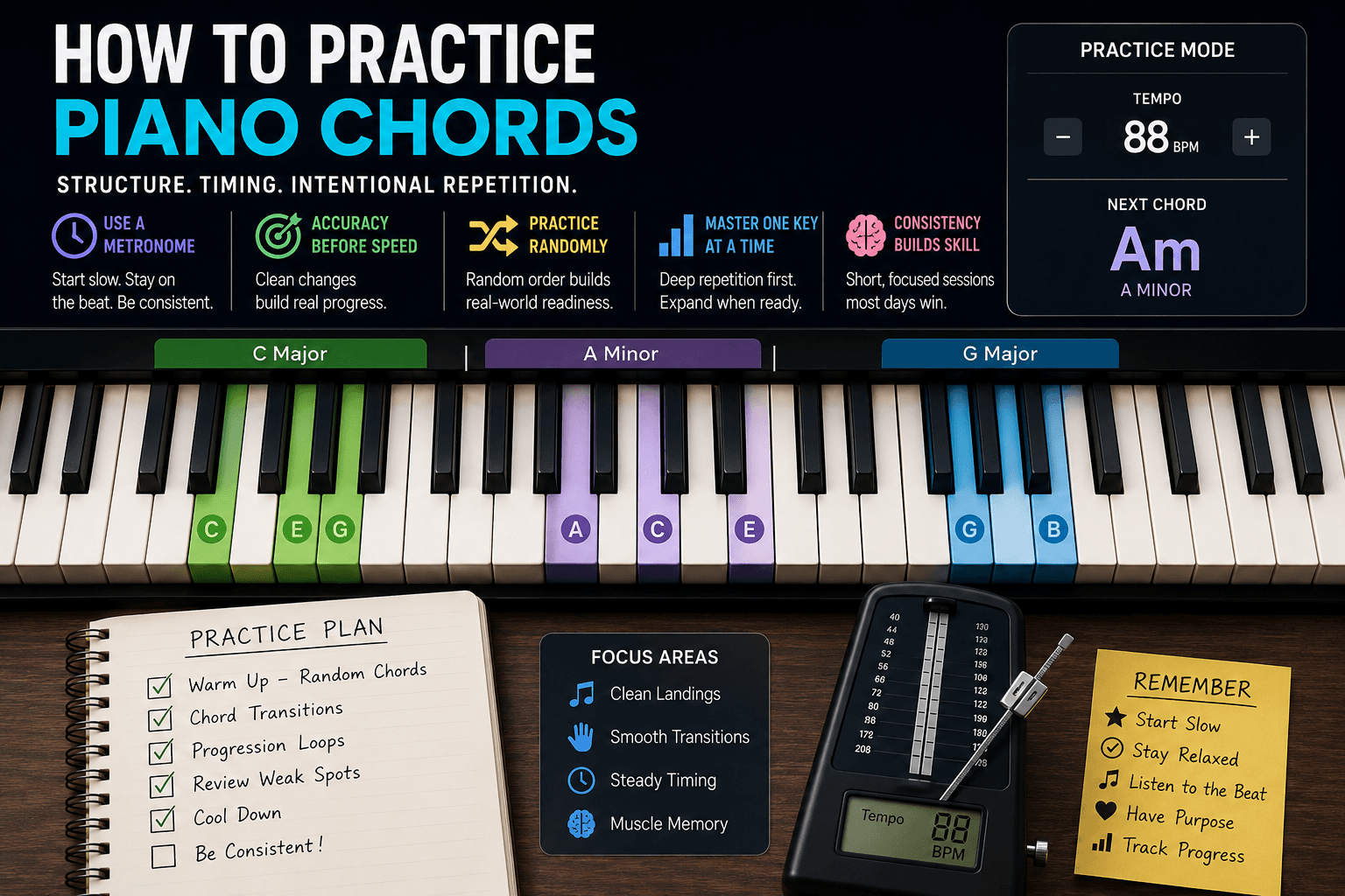 Piano keyboard practice guide showing chord drills, metronome timing, and structured practice steps