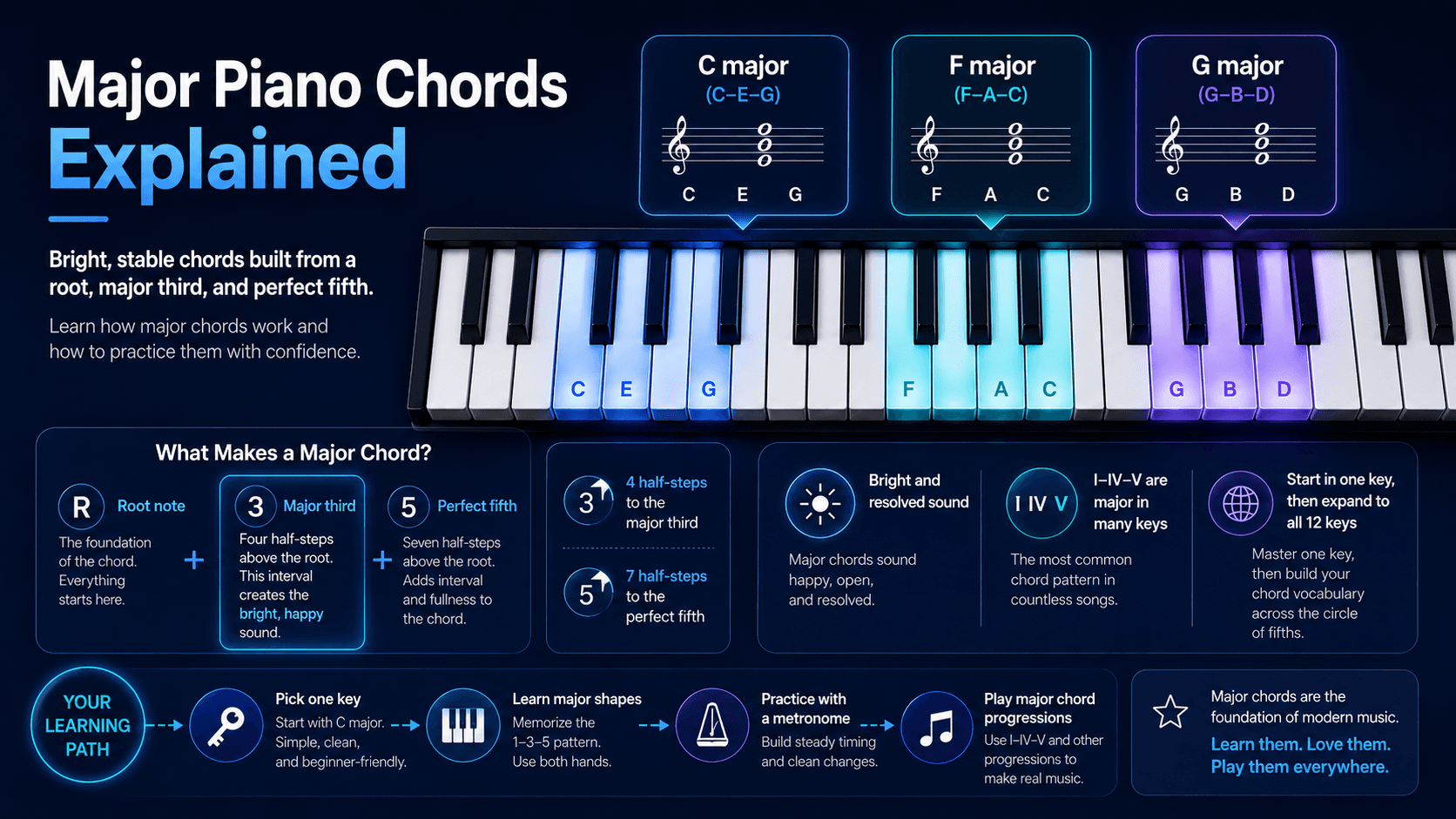 Piano keyboard showing major chord examples for C major, F major, and G major