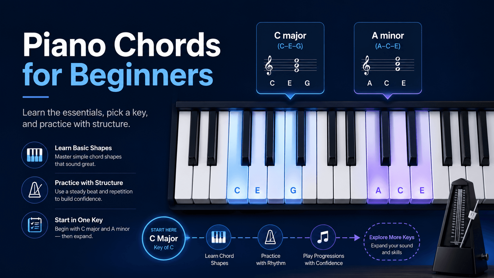Piano keyboard showing beginner chord shapes for C major and A minor
