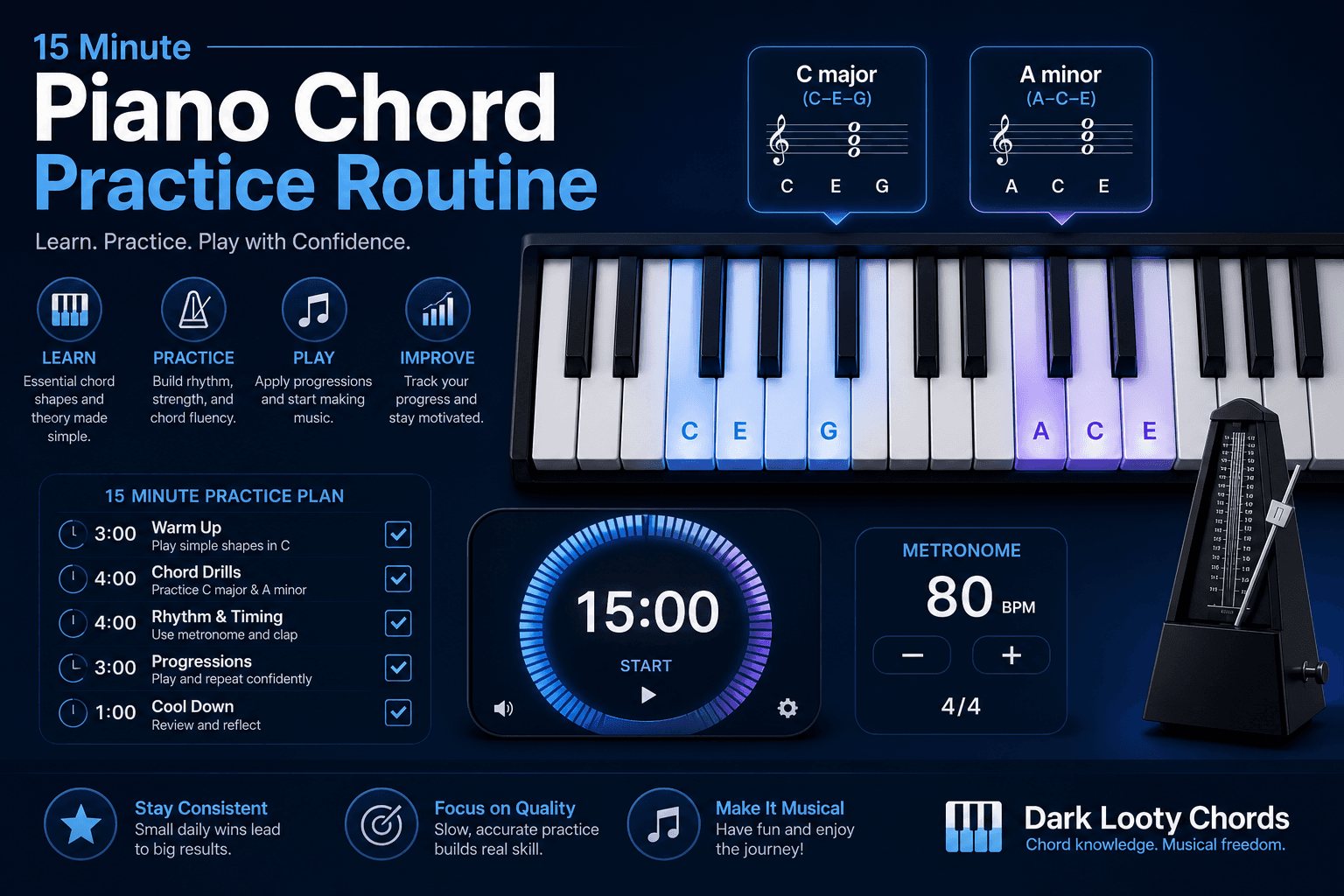 Fifteen-minute piano chord practice routine with timer, keyboard, metronome, and drill checklist