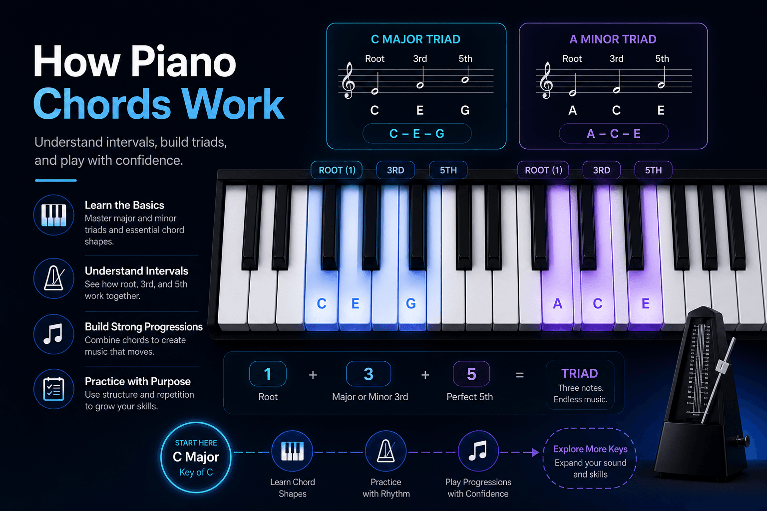 Piano keyboard diagram showing root notes, intervals, and triad structure