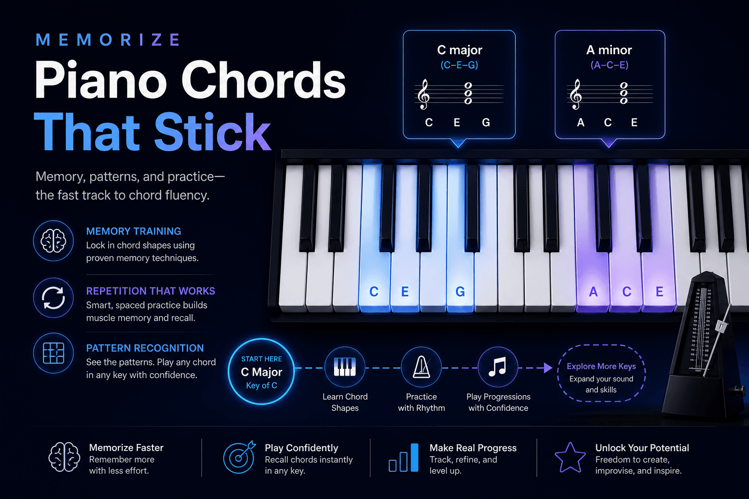 Piano keyboard memory training visual showing chord shapes, repetition, and pattern recognition