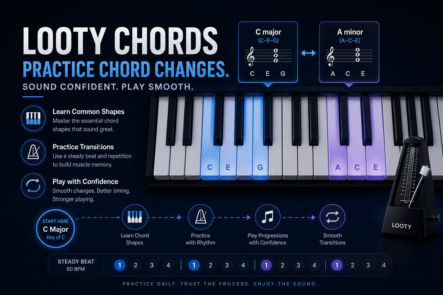 Piano keyboard showing chord change practice between common chord shapes with metronome timing