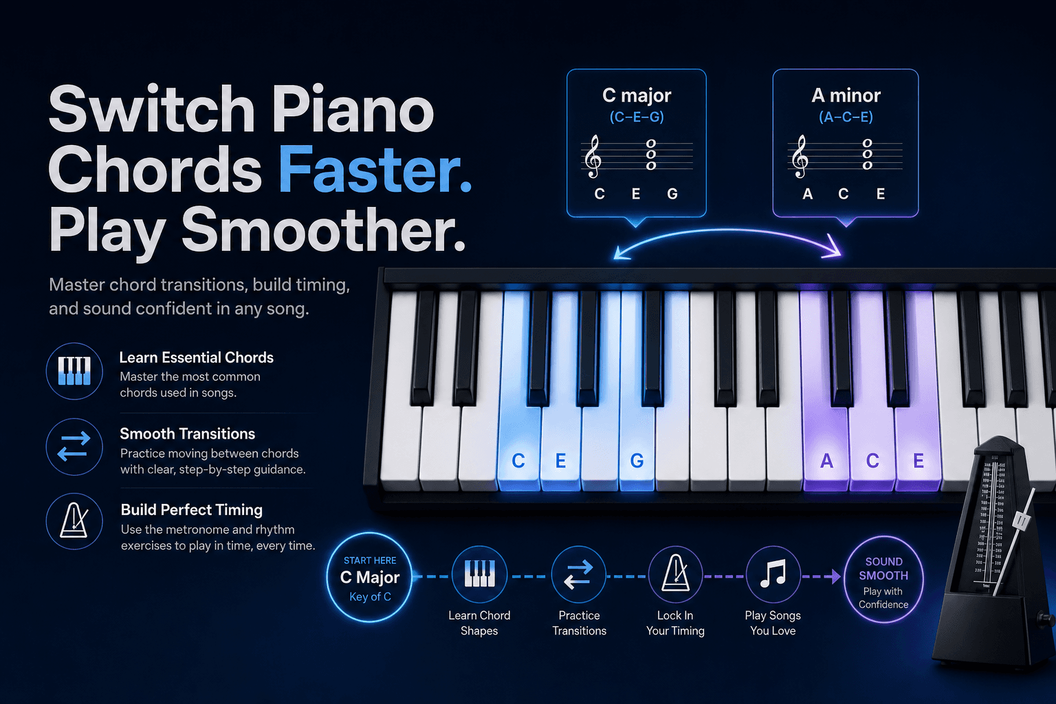 Piano keyboard visual showing faster chord switching with smooth transitions and steady timing