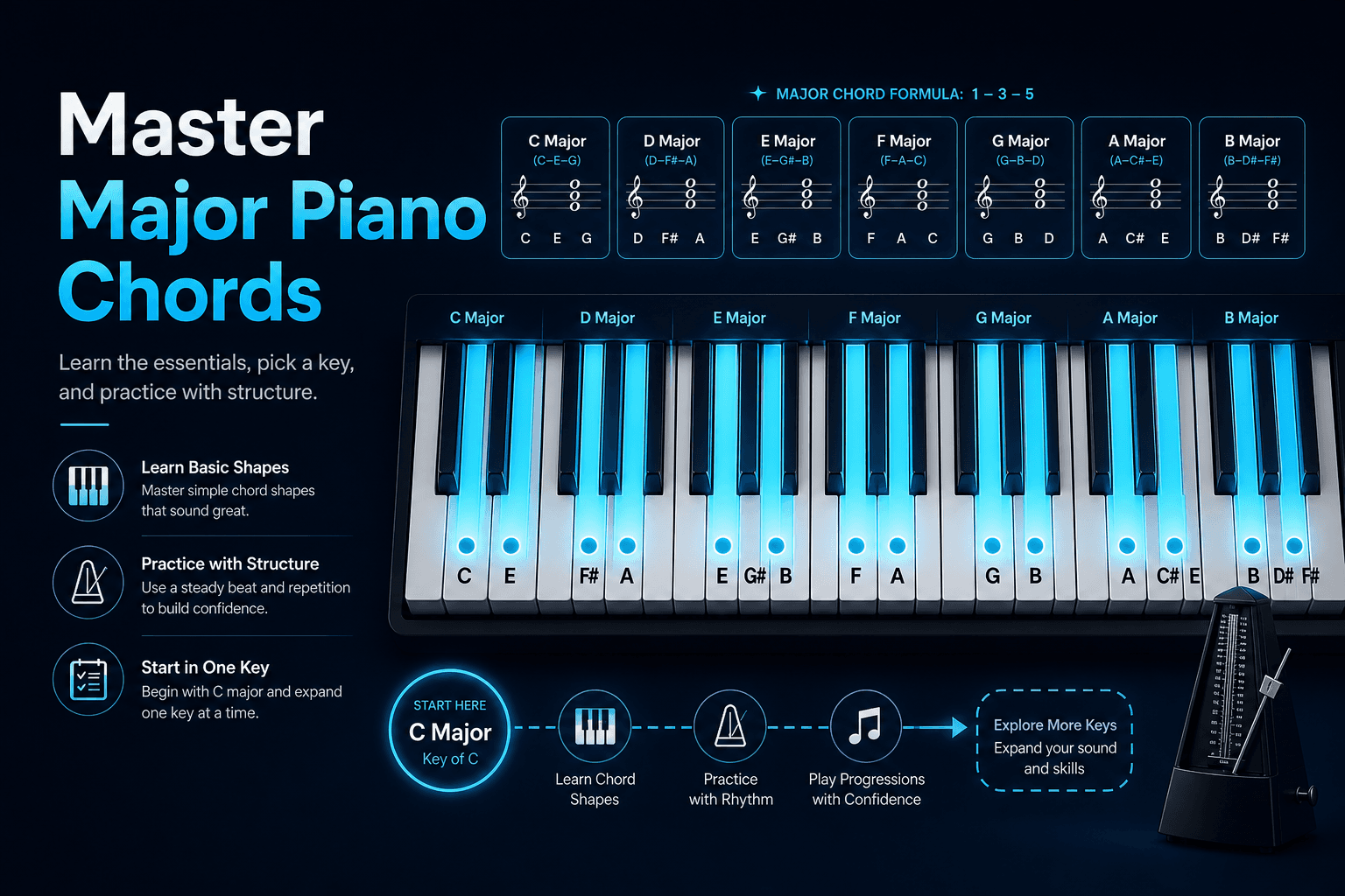 Piano keyboard practice visual showing major chord shapes across different keys