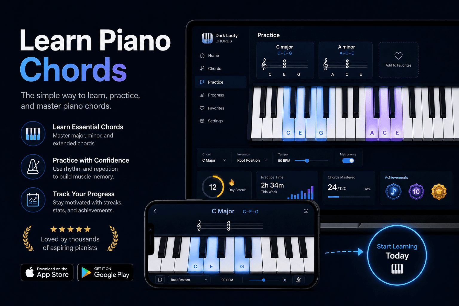 Piano chord app interface showing chord practice, keyboard highlights, and progress tracking