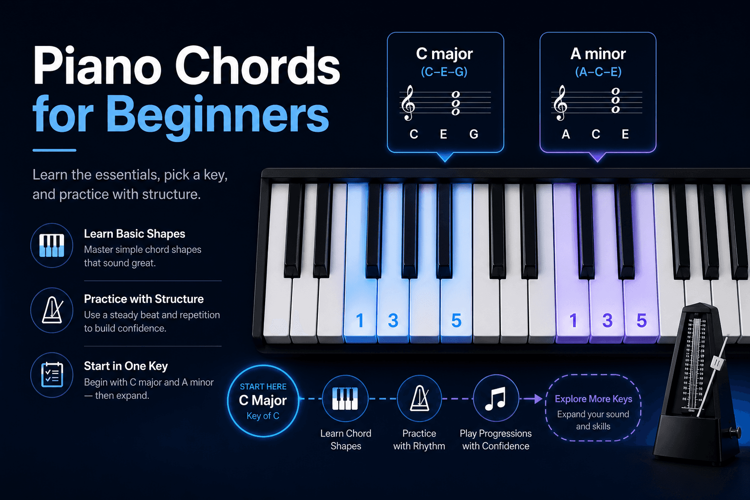 Piano keyboard showing beginner-friendly chord fingering positions