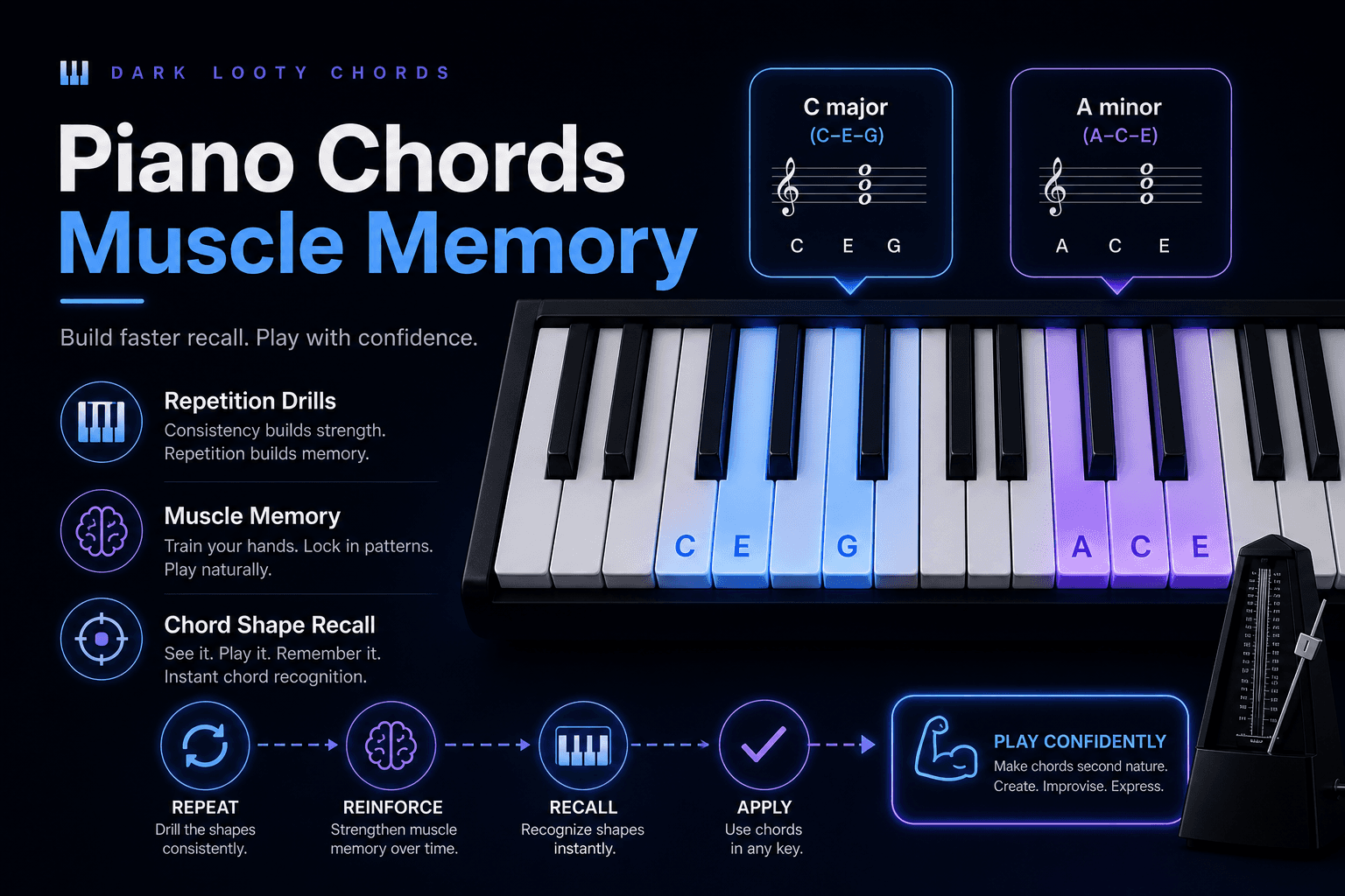 Piano keyboard practice visual showing muscle memory, repetition, and chord shape recall