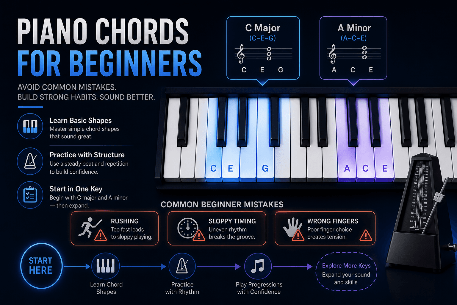 Piano practice visual showing common beginner chord mistakes like rushing and poor timing