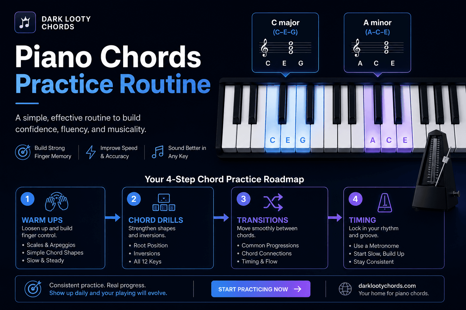 Piano chord practice routine visual with warmups, chord drills, transitions, and metronome timing