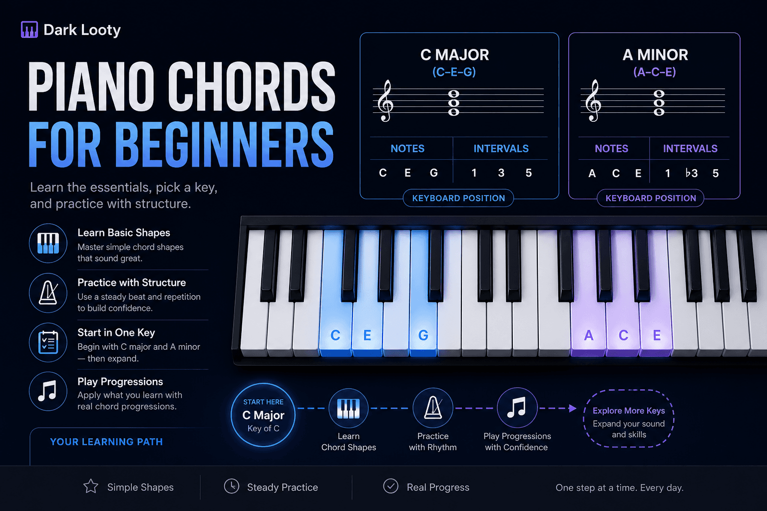 Piano chord reference visual showing chord names, notes, intervals, and keyboard positions