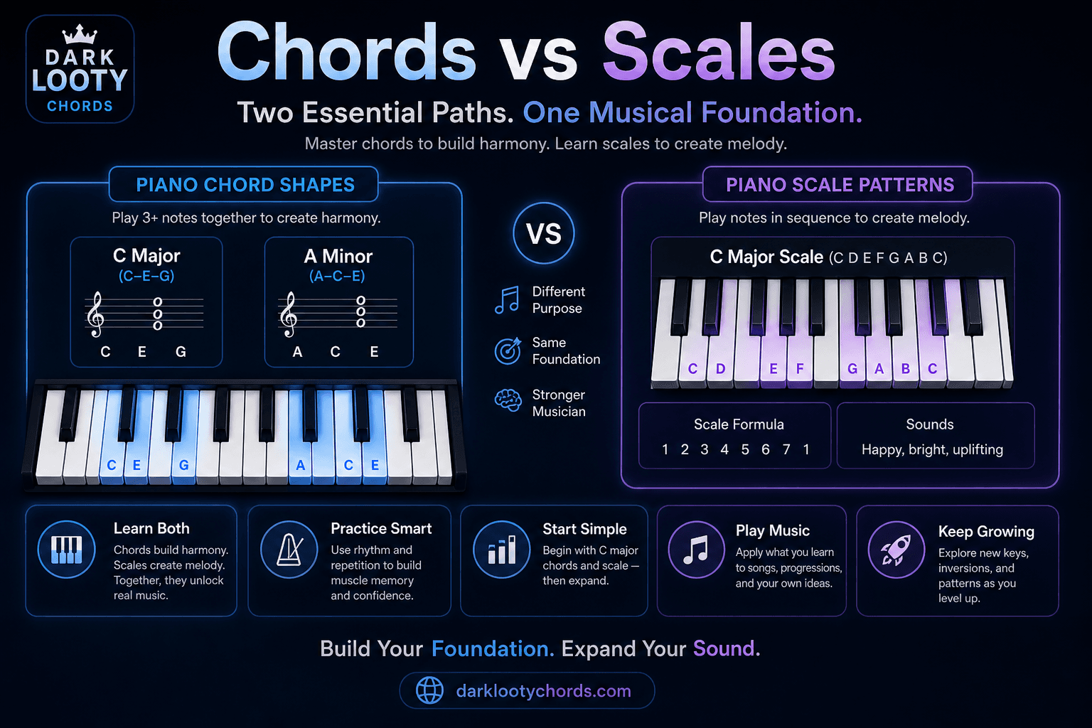 Piano keyboard comparing chord shapes and scale patterns for beginners