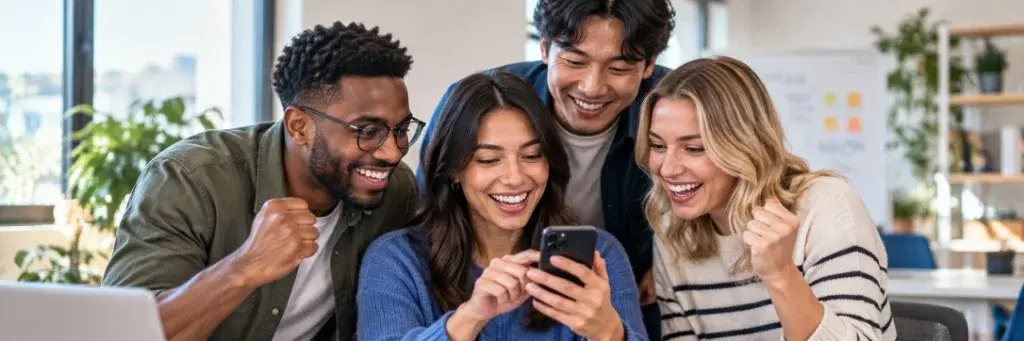 Coworkers celebrating together around a smartphone