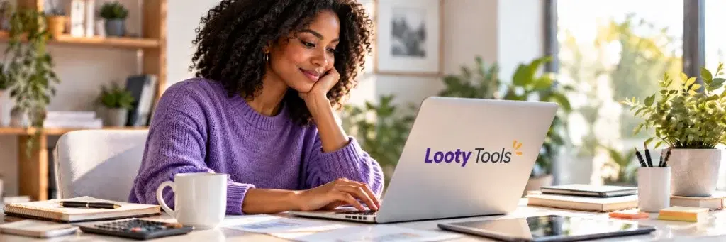 A woman working at a laptop that displays Looty Tools