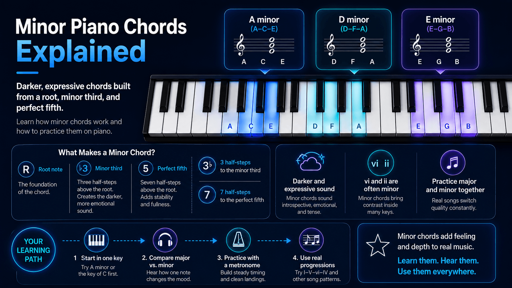 Piano keyboard showing minor chord examples for A minor, D minor, and E minor