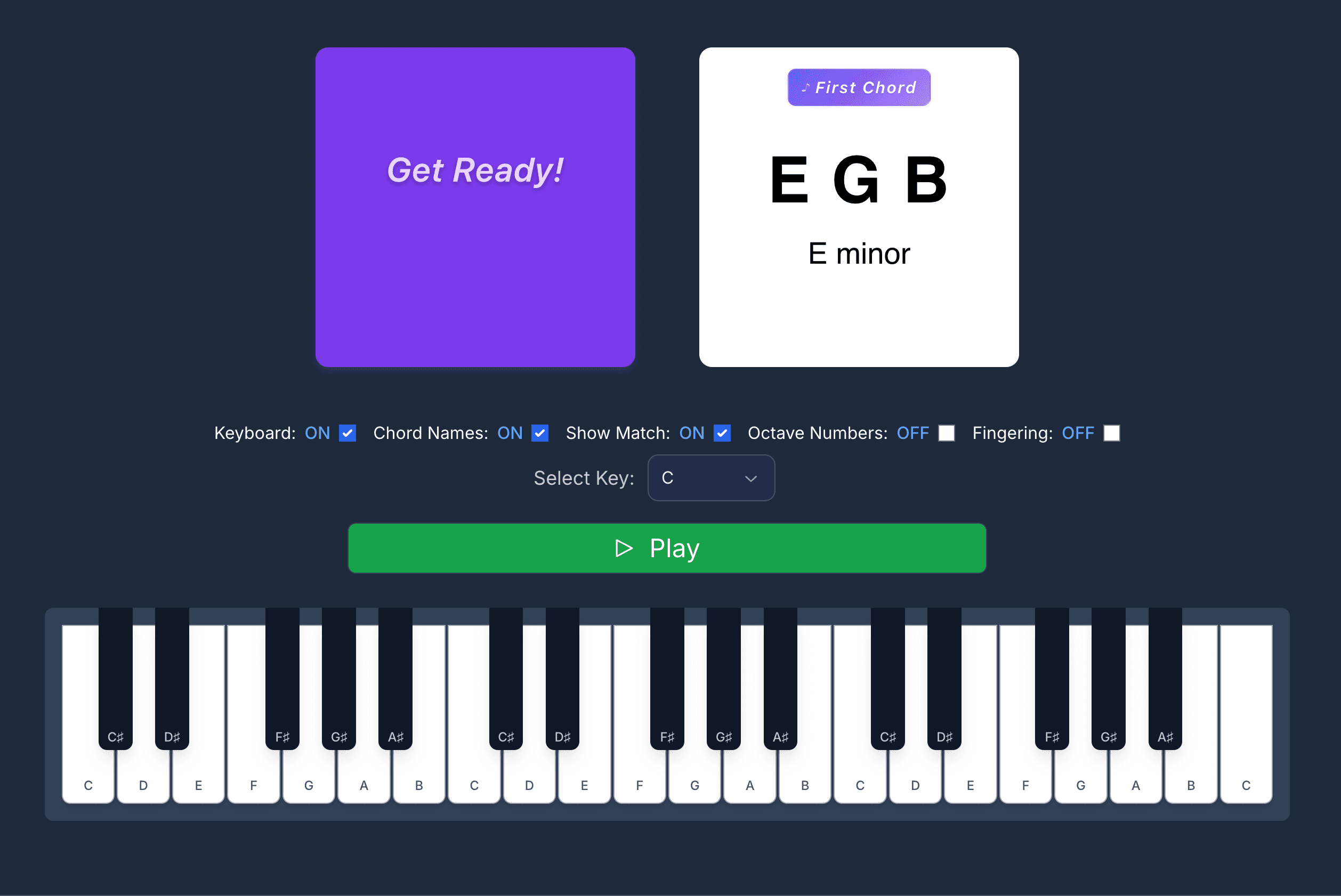 Looty Chords random chord practice screen showing chord cards and piano keyboard