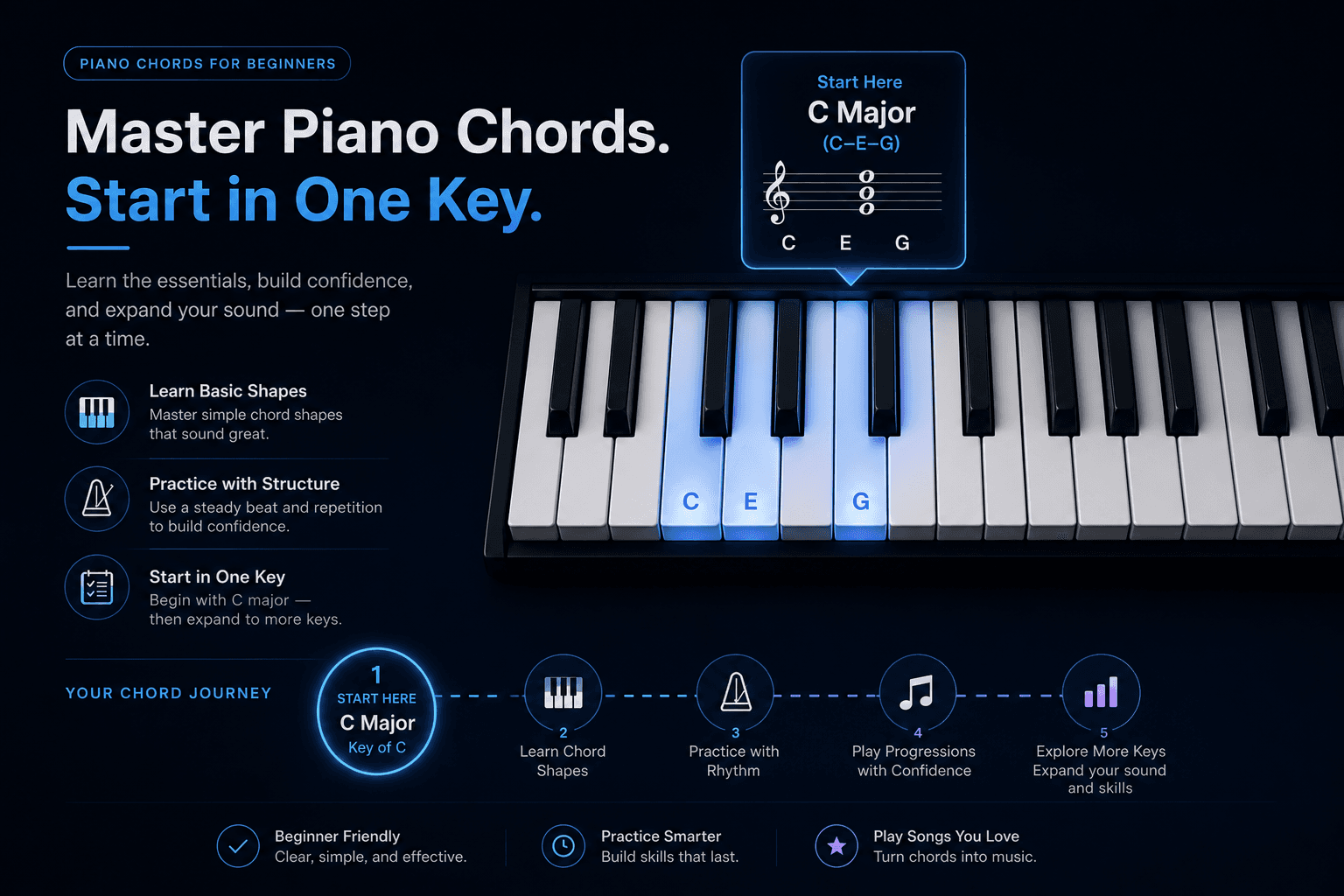 Beginner piano chord visual showing how to start in one key before expanding