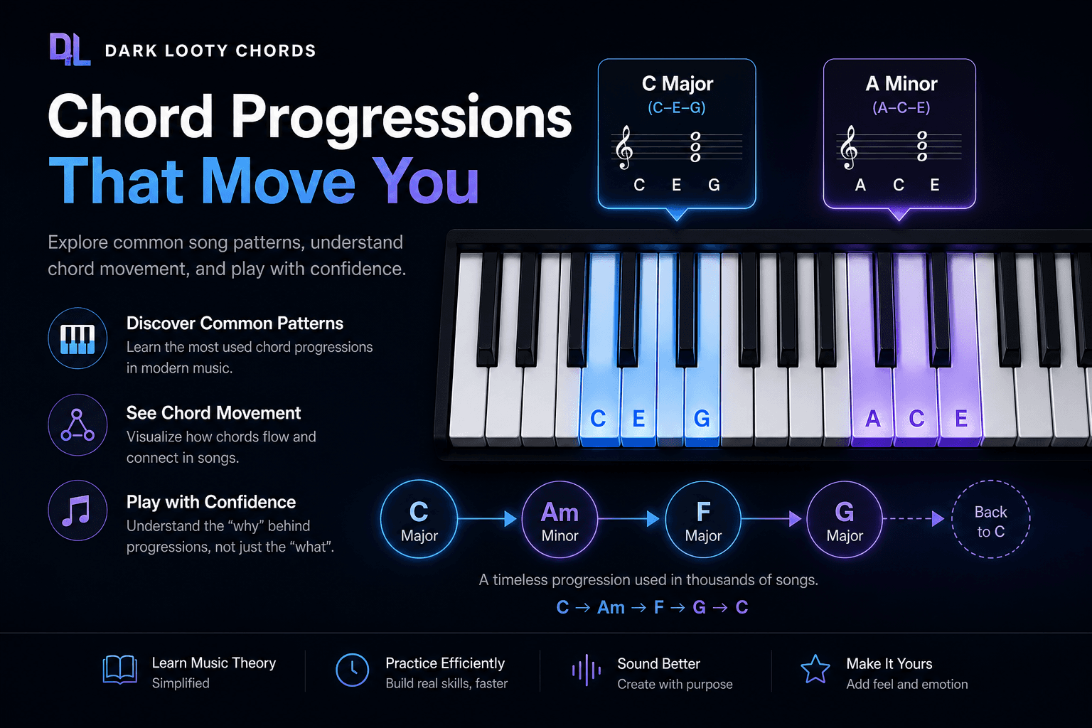 Piano keyboard visual showing chord progression movement through common song patterns