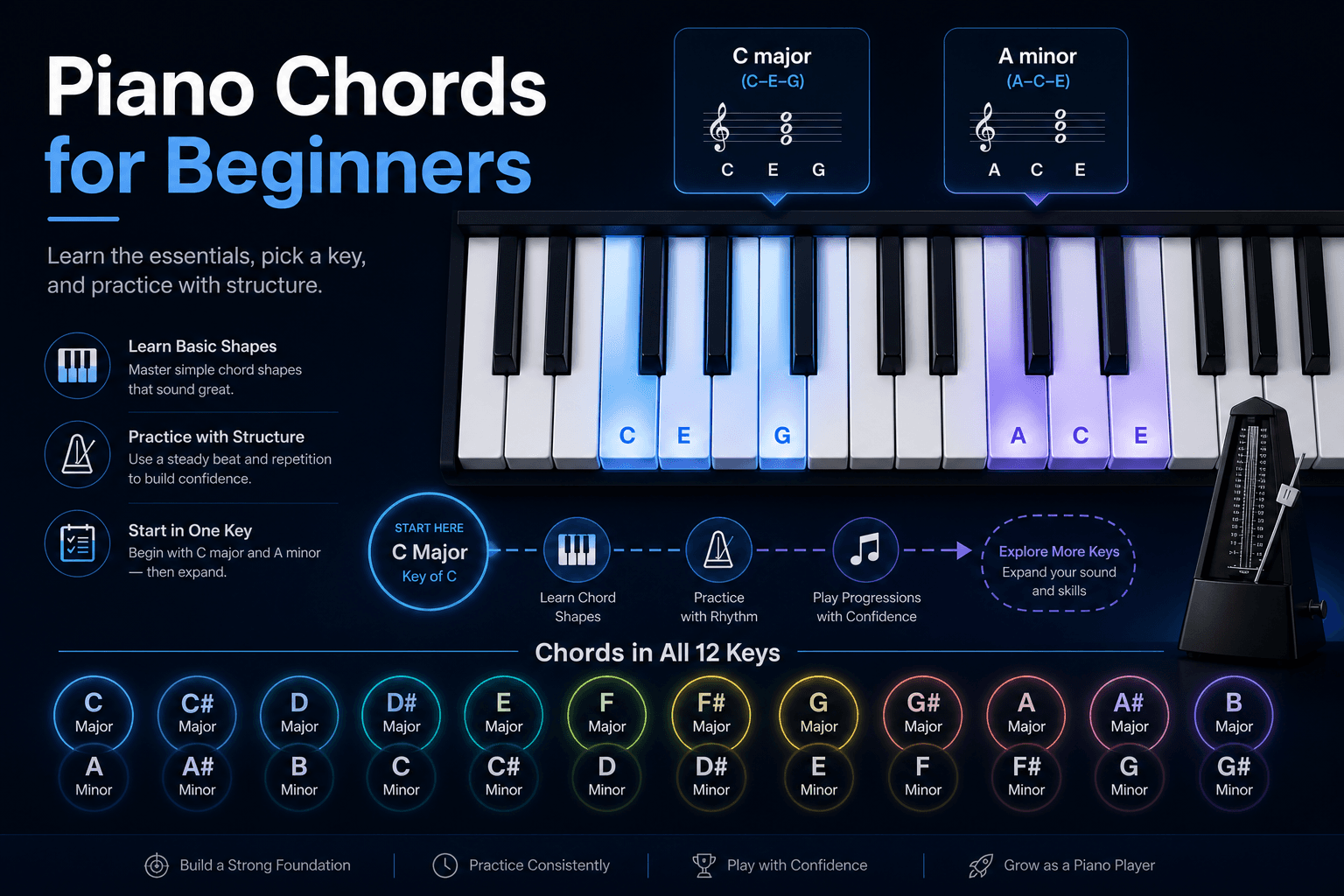 Piano keyboard and twelve-key roadmap showing chords across all major keys