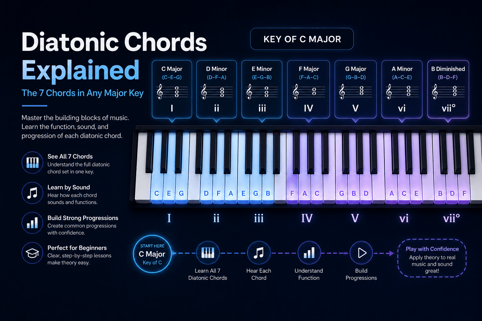 Piano keyboard showing the seven diatonic chords that belong to one key