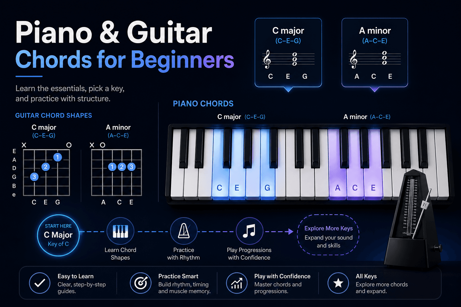 Guitar and piano chord reference visual showing chord shapes and note names