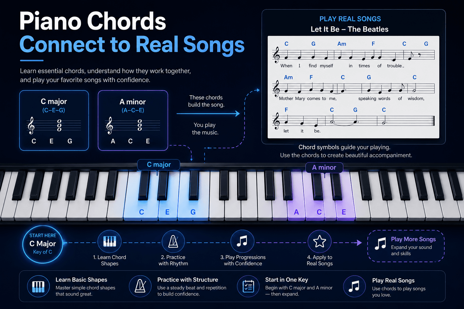 Piano keyboard and chord chart visual showing how chords help beginners play real songs