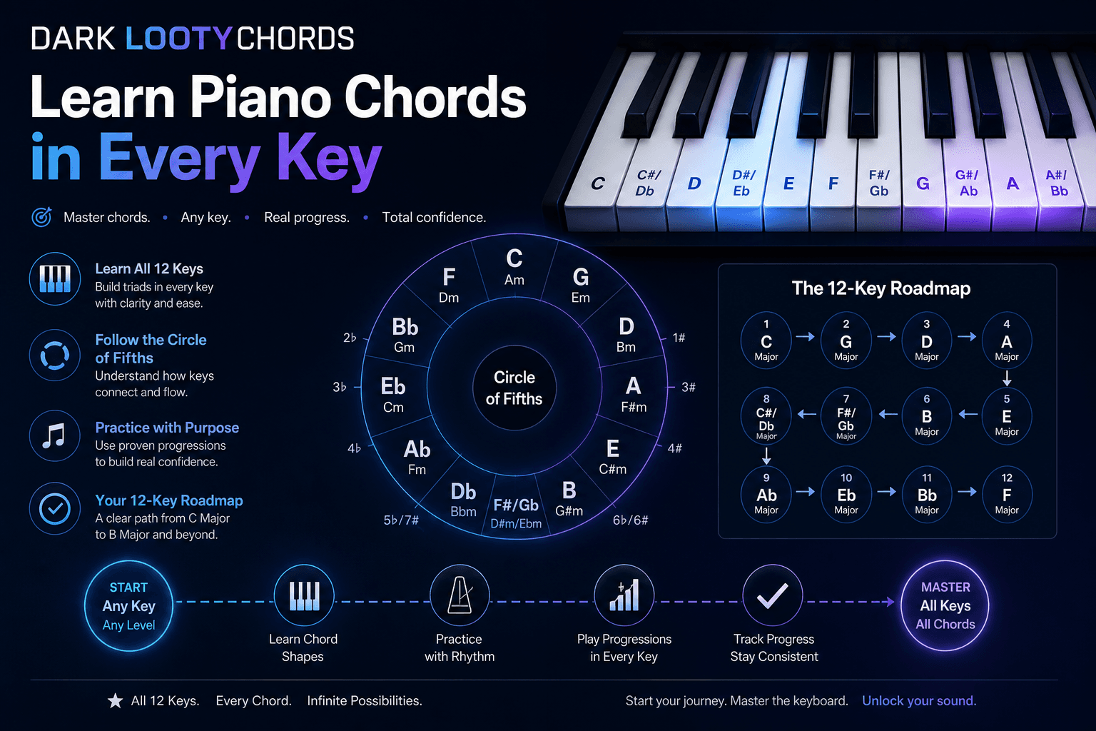 Piano keyboard and circle of fifths visual showing how to learn chords in every key