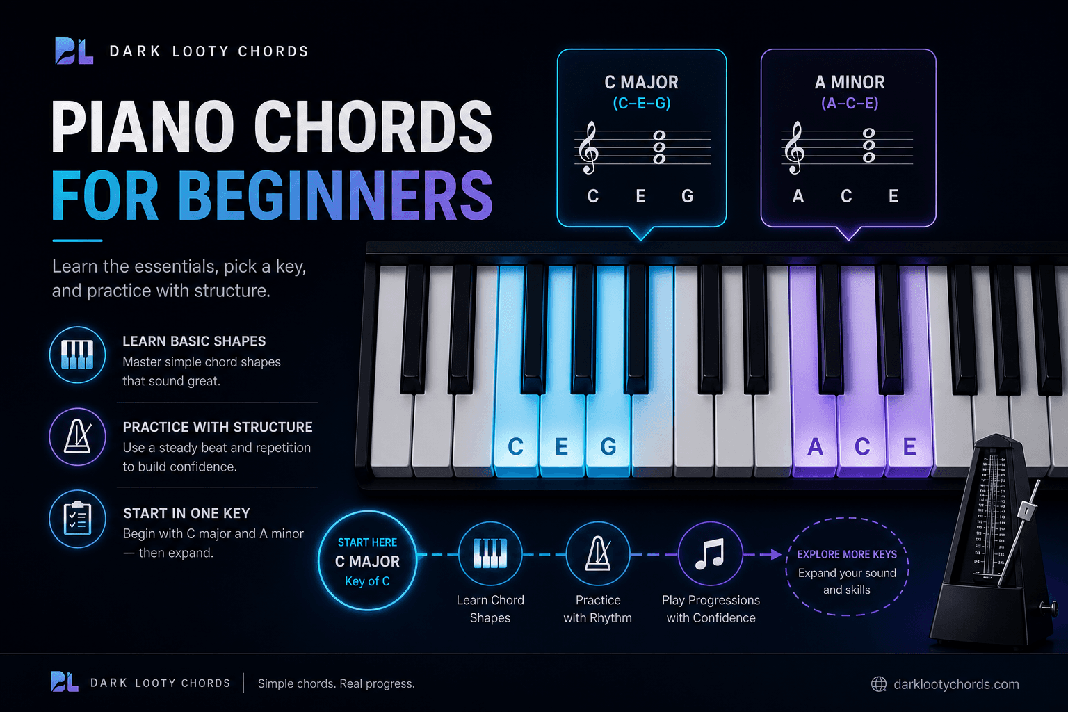 Piano keyboard comparing major and minor chord shapes and sounds