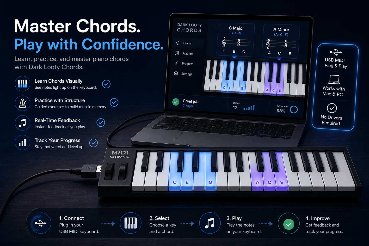 MIDI keyboard setup visual showing a piano keyboard connected to chord practice software
