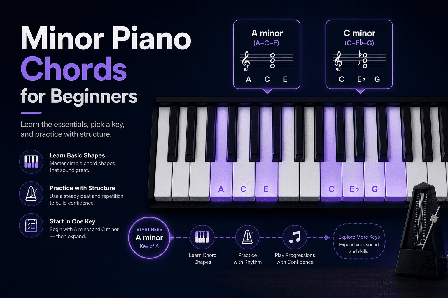 Piano keyboard practice visual showing minor chord shapes across different keys