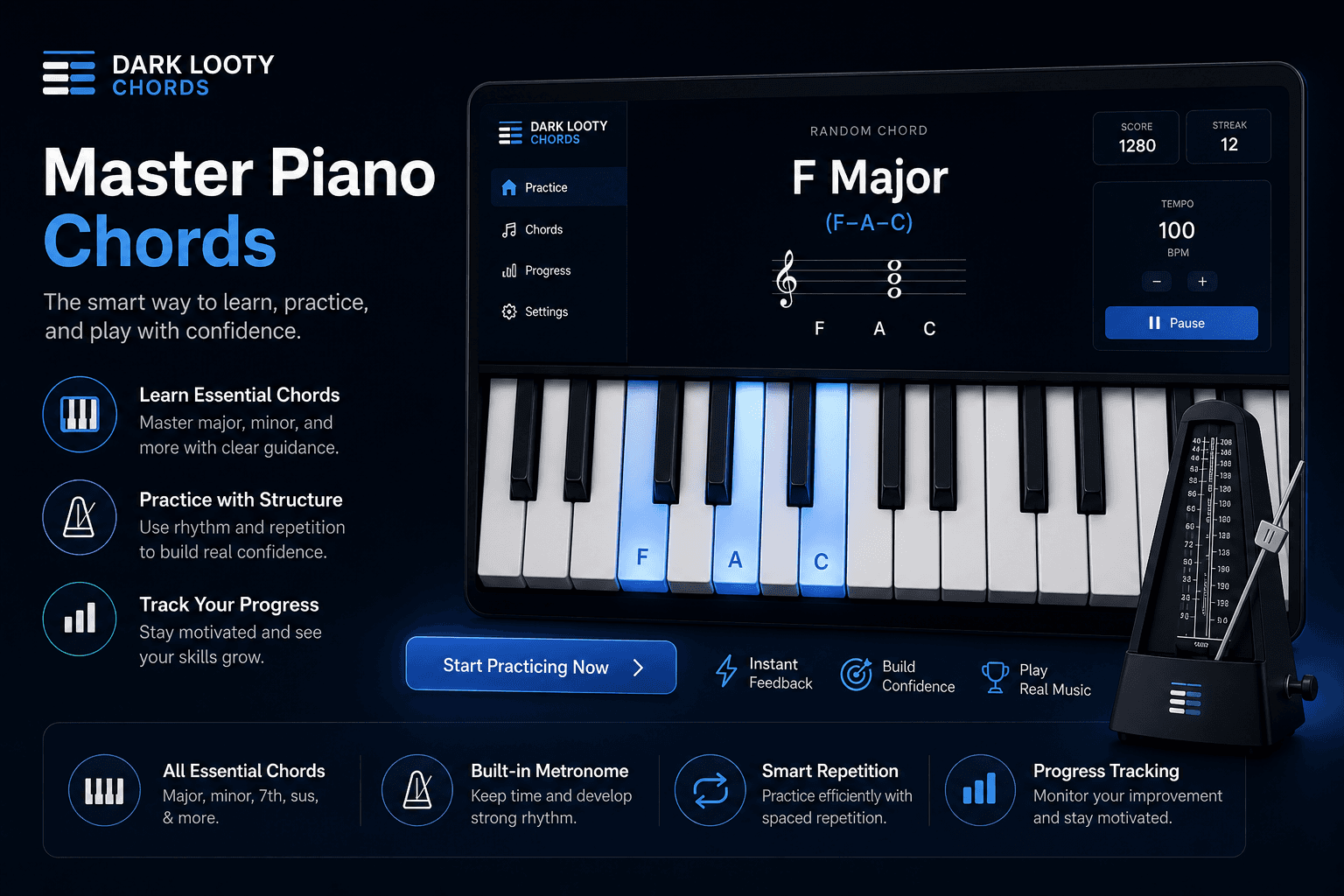 Online piano chord trainer interface with random chord prompts and metronome practice