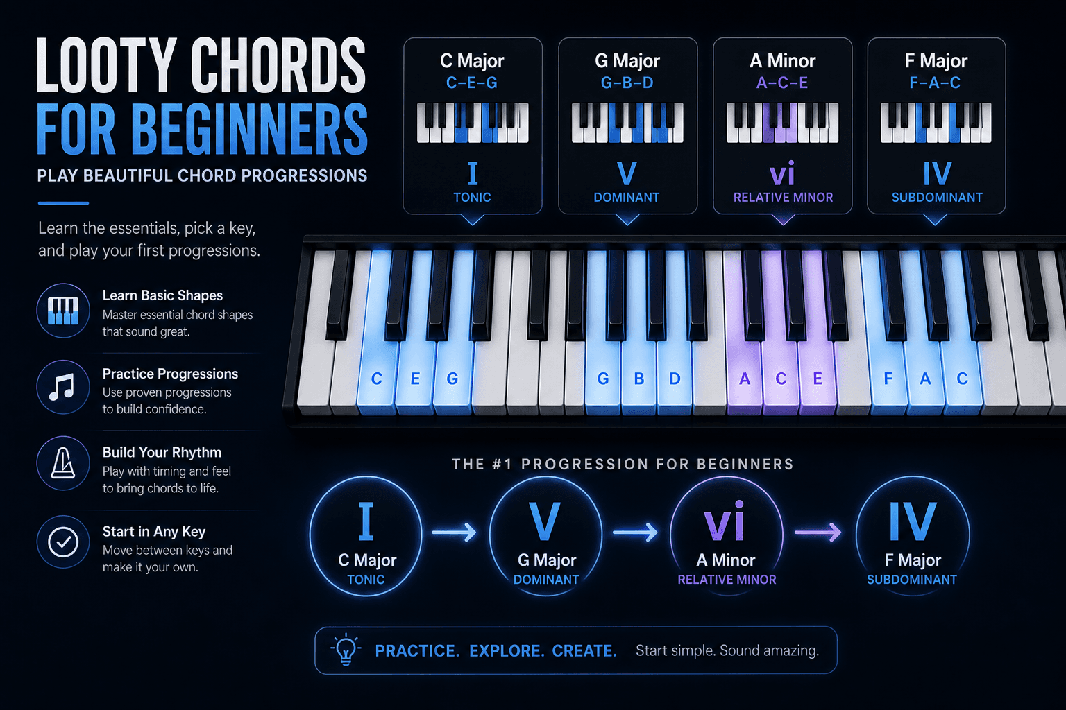 Piano keyboard showing beginner chord progressions like I V vi IV