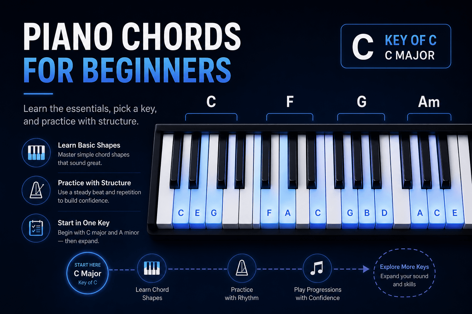 Piano keyboard showing common chords in the key of C major