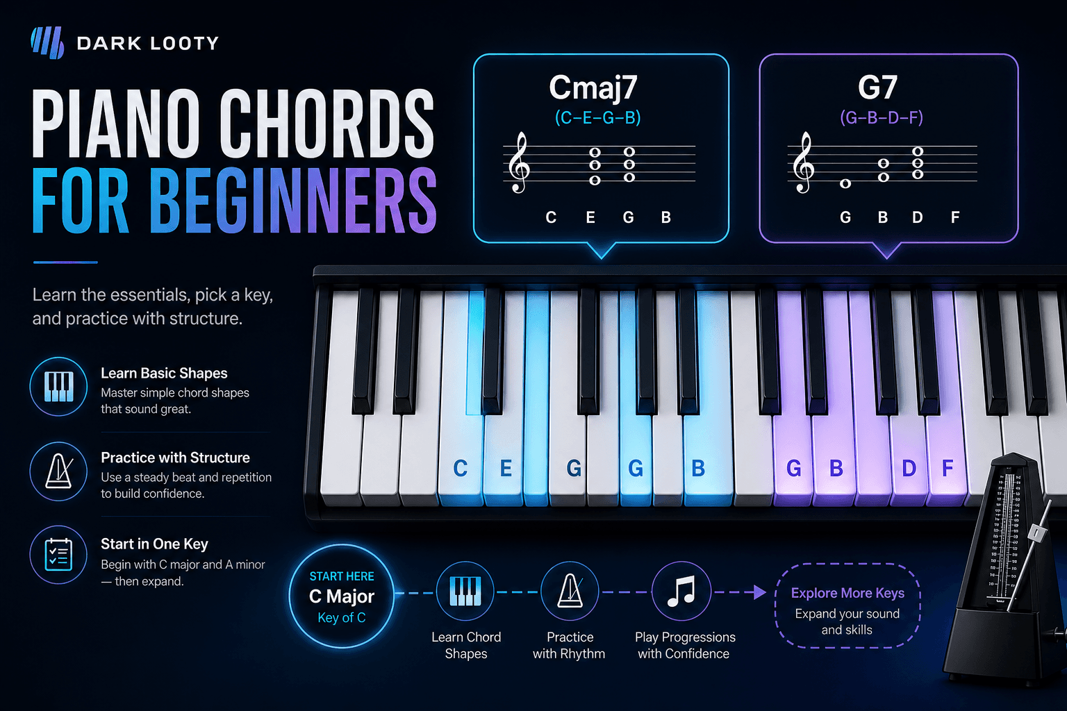 Piano keyboard showing seventh chord examples with four-note chord shapes
