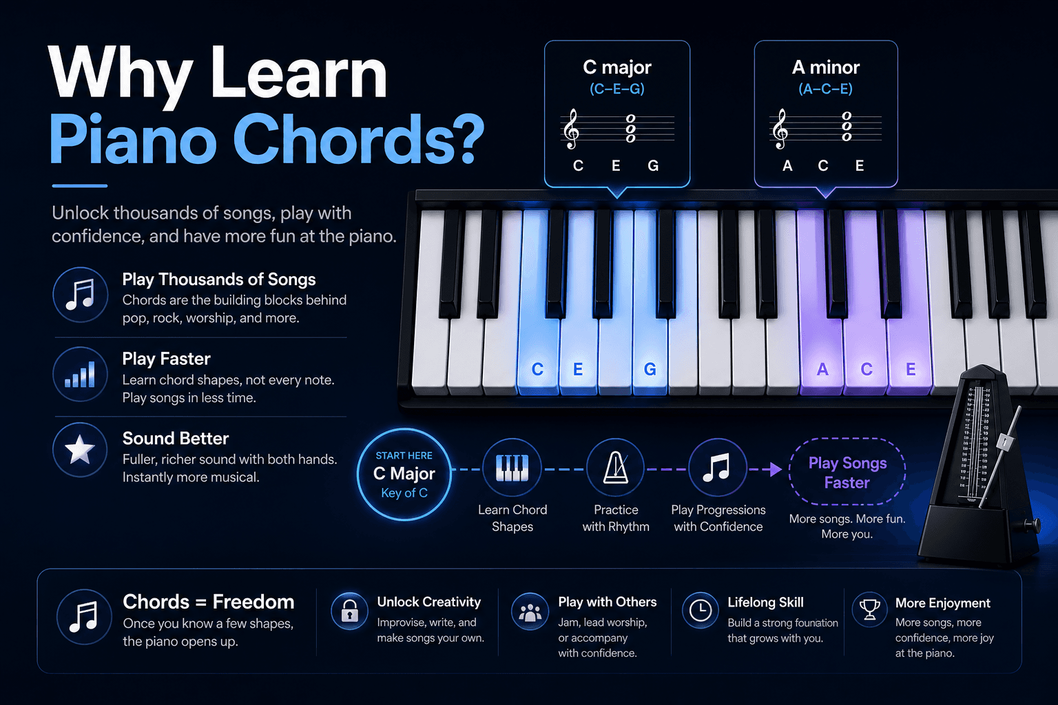 Piano keyboard and chord practice visuals showing why learning chords helps beginners play songs faster